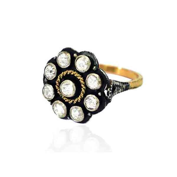 925 Sterling Silver 14k Gold Rose Cut Diamond Floral Design Ring Jewelry