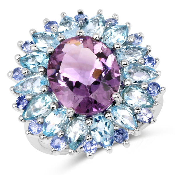 "7.79 Carat Genuine Amethyst, Blue Topaz and Tanzanite .925 Sterling Silver Ring"