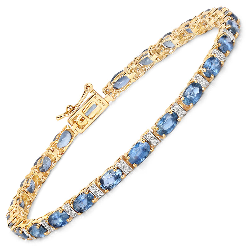 5.76 Carat Genuine Blue Sapphire and White Diamond 14K Yellow Gold Bracelet