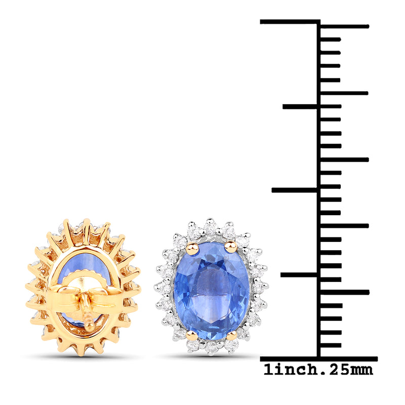 3.25 Carat Genuine Blue Sapphire and White Diamond 14K Yellow Gold Earrings