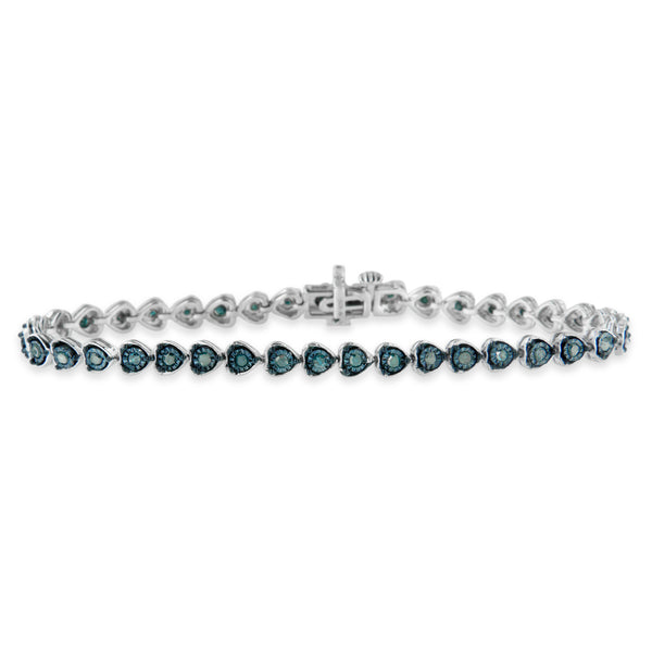 Black Rhodium over .925 Sterling Silver 1.0 Cttw Miracle Set Diamond Heart-Link 7" Tennis Bracelet (Blue Color, I2-I3 Clarity)