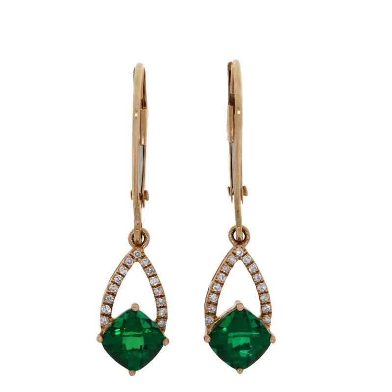 Created Emerald Diamond Dangle Earrings 10KT Rose Gold