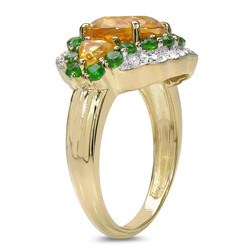 14K Yellow Gold Plated 4.13 Carat Genuine Golden Citrine, Chrome Diopside & White Topaz .925 Sterling Silver Ring