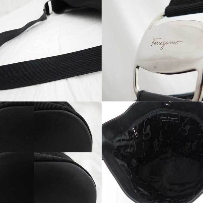 Salvatore Ferragamo Bag Vala Black Silver Hardware Canvas Leather Shoulder One Ladies