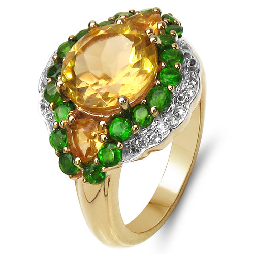 14K Yellow Gold Plated 4.13 Carat Genuine Golden Citrine, Chrome Diopside & White Topaz .925 Sterling Silver Ring