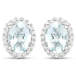 1.50 Carat Genuine Aquamarine and White Zircon .925 Sterling Silver Earrings