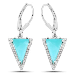 3.19 Carat Genuine Turquoise and White Topaz .925 Sterling Silver Earrings