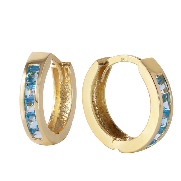 1.2 Carat 14K Solid Yellow Gold Hoop Huggie Earrings Blue Topaz