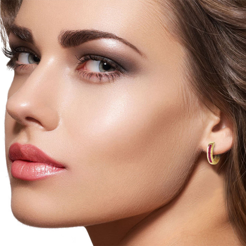 1.3 Carat 14K Solid Yellow Gold Hoop Earrings Natural Ruby