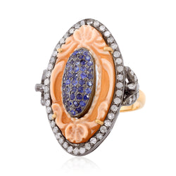 Sapphire Carved Cocktail Ring Size 6.75 Prong Set Cameo Diamond 925 Silver