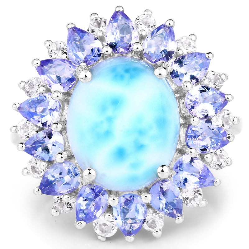 7.02 Carat Genuine Larimar, Tanzanite & White Topaz .925 Sterling Silver Ring