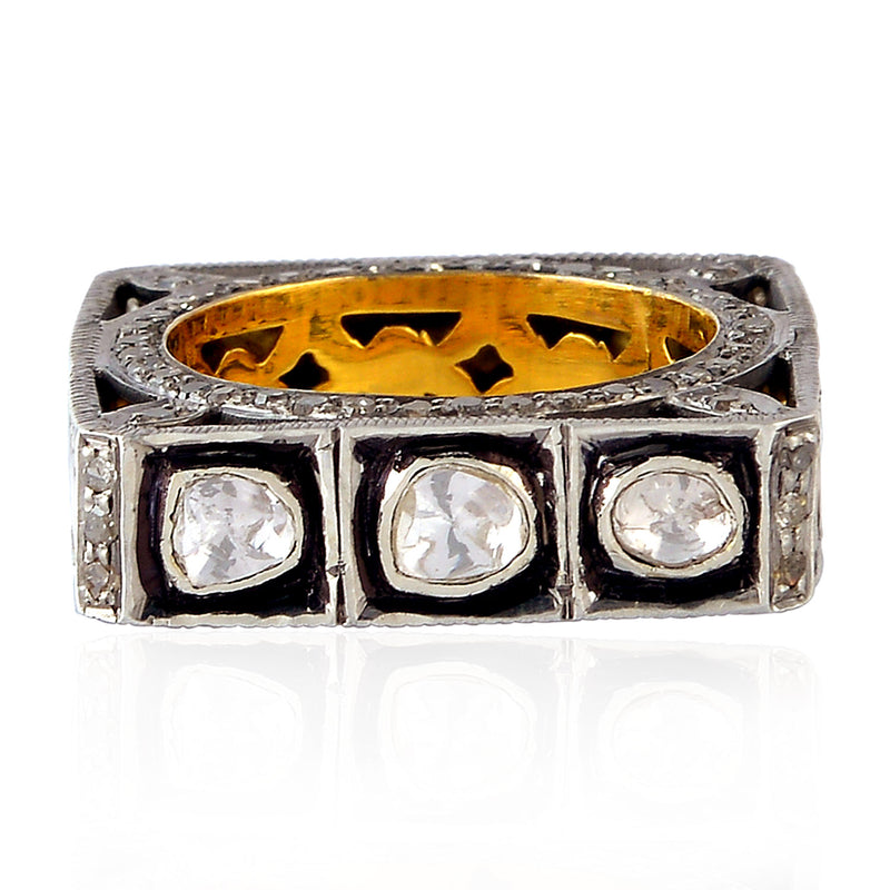 Vintage Style Square Shape Band Ring Diamond 14K Gold Sterling Silver Jewelry