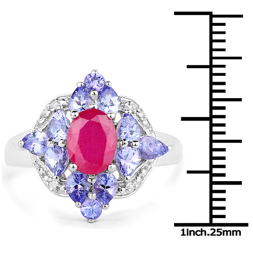 3.16 Carat Genuine Glass Filled Ruby, Tanzanite & White Topaz .925 Sterling Silver Ring