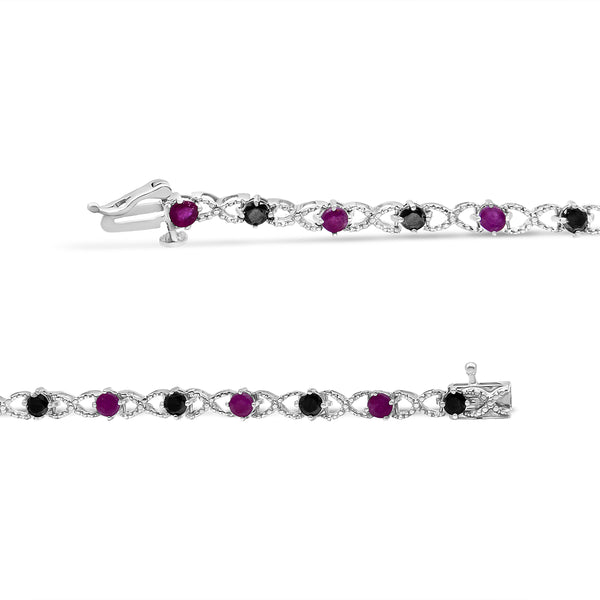 .925 Sterling Silver 1.00 Cttw Treated Black Diamond with 3.00mm Lab Created Pink Ruby 7.25" X-Link Bracelet (Black Color, I2-I3 Clarity)