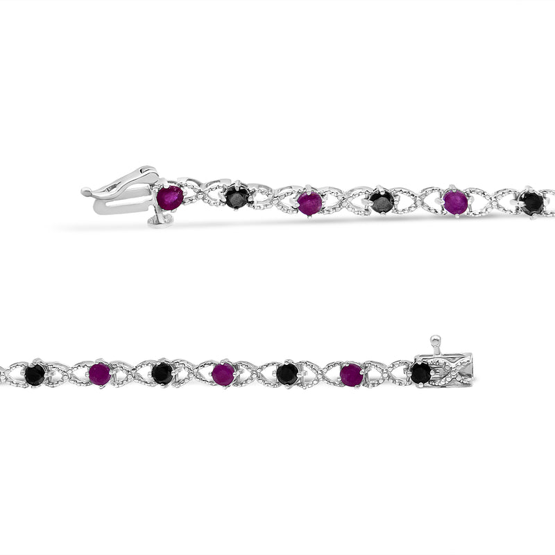 .925 Sterling Silver 1.00 Cttw Treated Black Diamond with 3.00mm Lab Created Pink Ruby 7.25" X-Link Bracelet (Black Color, I2-I3 Clarity)