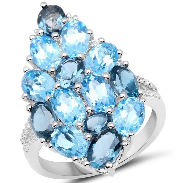 6.69 Carat Genuine Swiss Blue Topaz, London Blue Topaz and White Zircon .925 Sterling Silver Ring