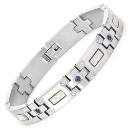 Titanium Men's Bracelet, Mens Titanium Bracelet with Silver Plated Steel Inlay, 0.56ctw. Natural Blue Sapphire Rounds