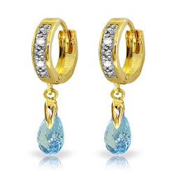 1.37 Carat 14K Solid Yellow Gold Hoop Earrings Diamond Blue Topaz