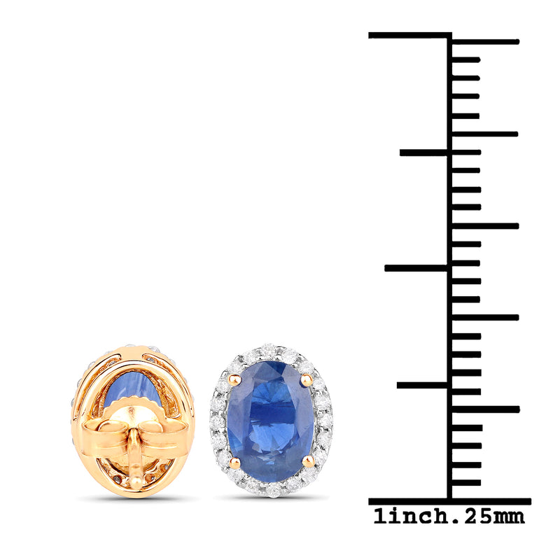 2.16 Carat Genuine Blue Sapphire and White Diamond 14K Yellow Gold Earrings