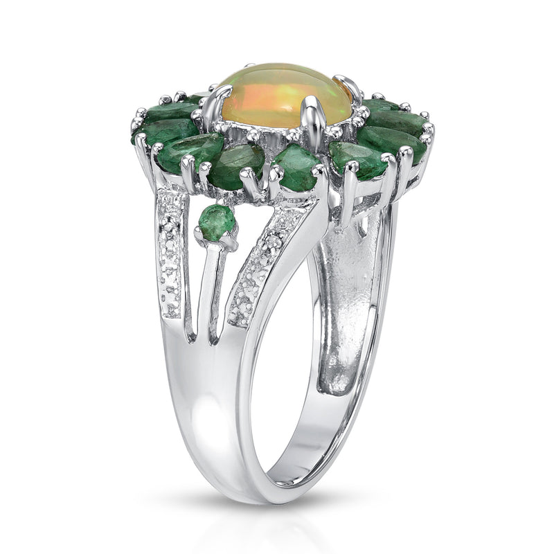 2.52 Carat Genuine Ethiopian Opal, Emerald and White Diamond .925 Sterling Silver Ring