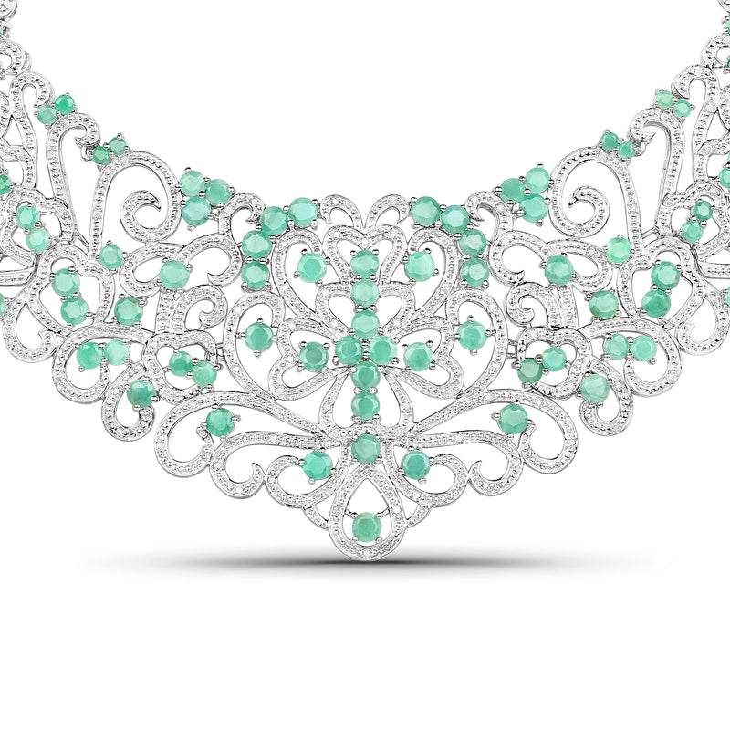 21.76 Carat Genuine Emerald and White Diamond .925 Sterling Silver Necklace