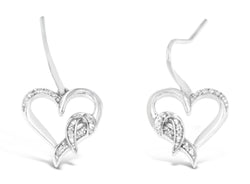 Sterling Silver Round Cut Diamond Heart Dangle Earrings (0.09 cttw, H-I Color, I1-I2 Clarity)