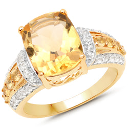14K Yellow Gold Plated 4.35 Carat Genuine Citrine and White Topaz .925 Sterling Silver Ring