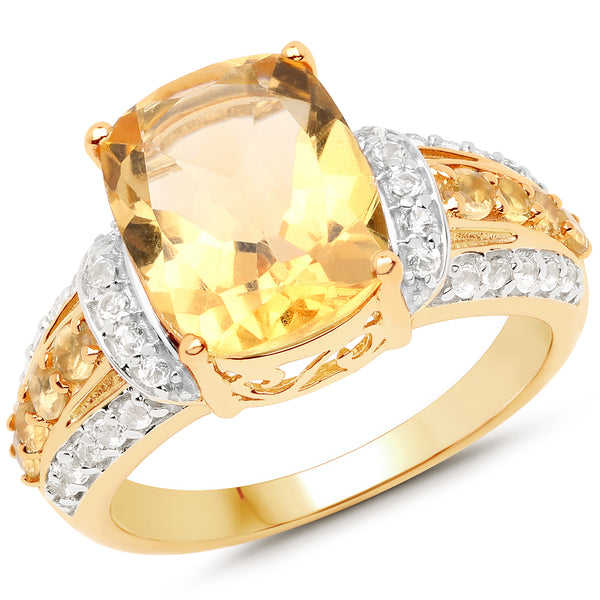 14K Yellow Gold Plated 4.35 Carat Genuine Citrine and White Topaz .925 Sterling Silver Ring