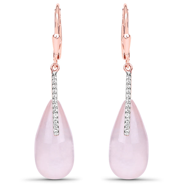 18K Rose Gold Plated 29.42 Carat Genuine Rose Quartz and White Topaz .925 Sterling Silver Earrings