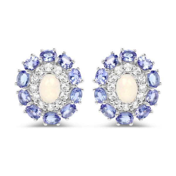 5.32 Carat Genuine Ethiopian Opal, Tanzanite and White Topaz .925 Sterling Silver Earrings