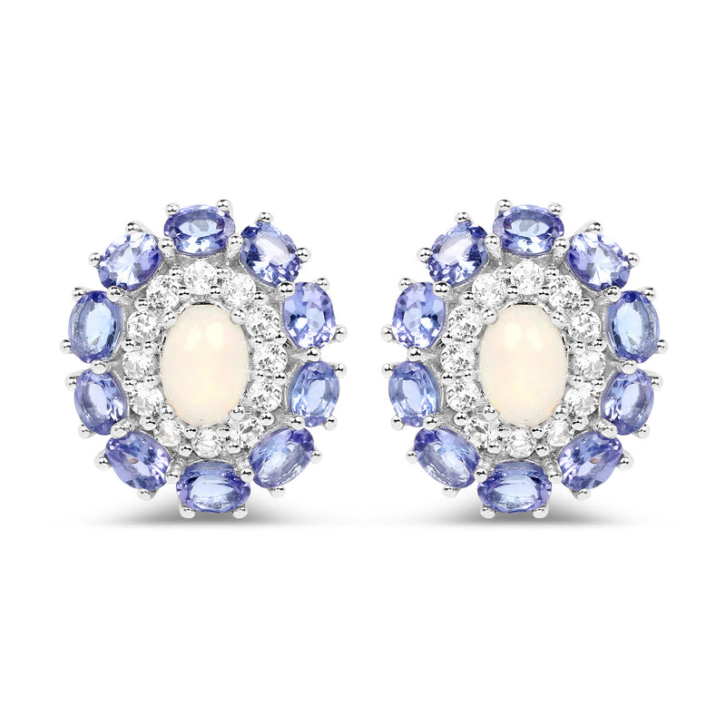 5.32 Carat Genuine Ethiopian Opal, Tanzanite and White Topaz .925 Sterling Silver Earrings