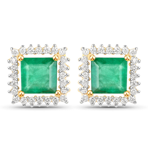 1.12 Carat Genuine Zambian Emerald and White Diamond 14K Yellow Gold Earrings