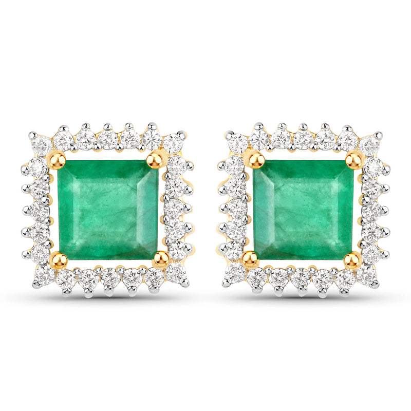 1.12 Carat Genuine Zambian Emerald and White Diamond 14K Yellow Gold Earrings