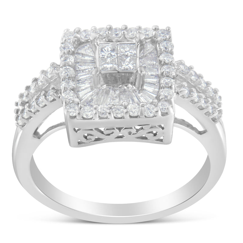 14K White Gold 3/4ct TDW Round Baguette and Princess cut Diamond Cushion Frame Ring (H-ISI2-I1)