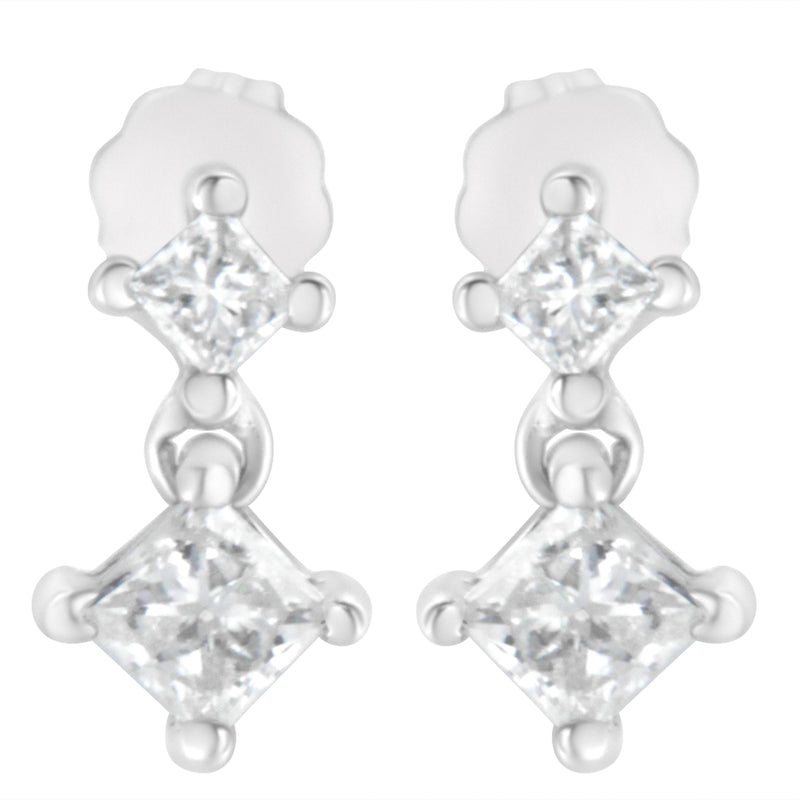 14K White Gold 3/4 cttw Double Diamond Princess-Cut Stud Earrings (I-J Clarity, I2-I3 Color)