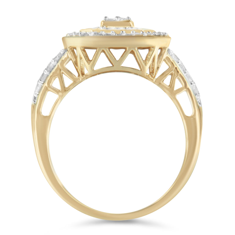 10K Yellow Gold 1.0 Cttw Diamond Vintage Inspired Baguette-Cut Double Halo Emerald-Shaped Frame Cocktail Ring (I-J Color, I1-I2 Clarity) - Size 6-1/2