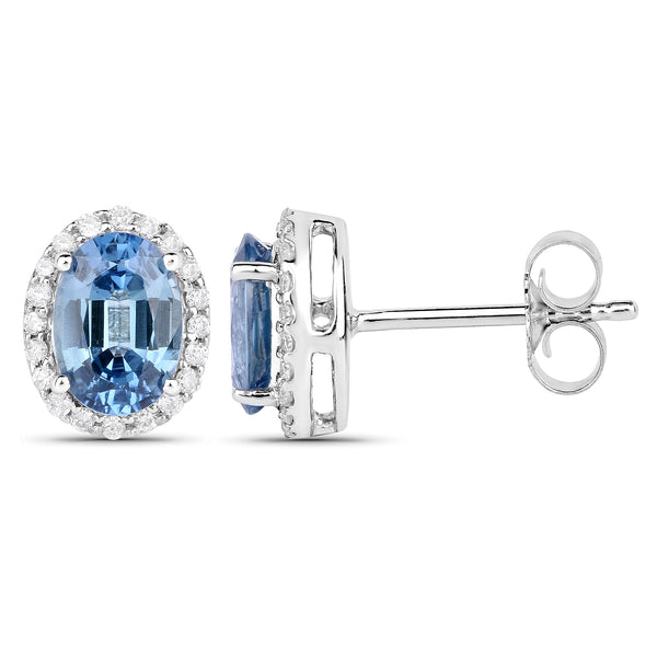 2.16 Carat Genuine Blue Sapphire and White Diamond 14K White Gold Earrings