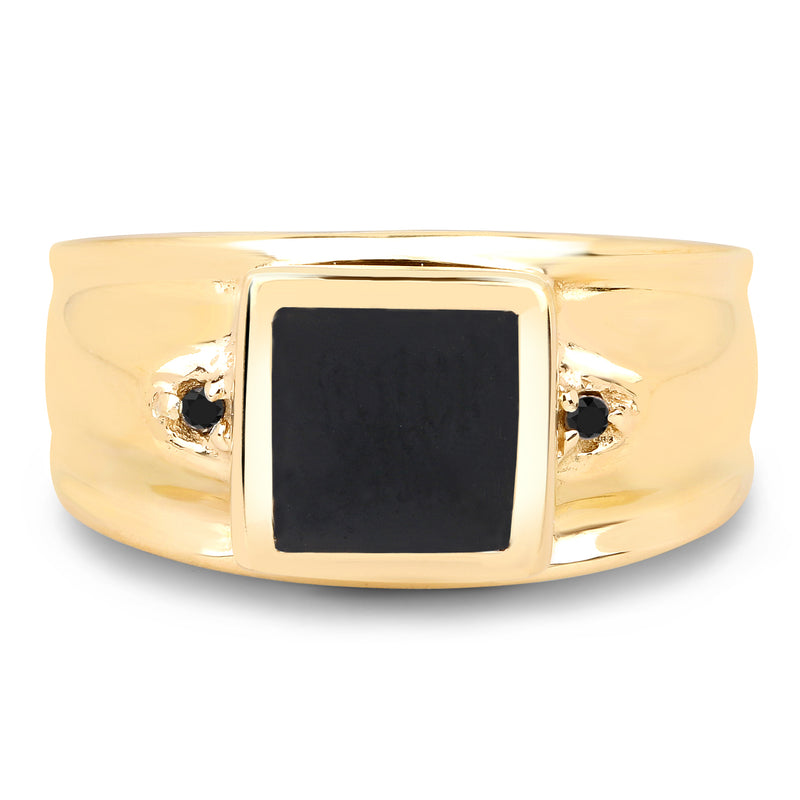 14K Yellow Gold Plated 2.03 Carat Genuine Black Onyx and Black Diamond .925 Sterling Silver Ring