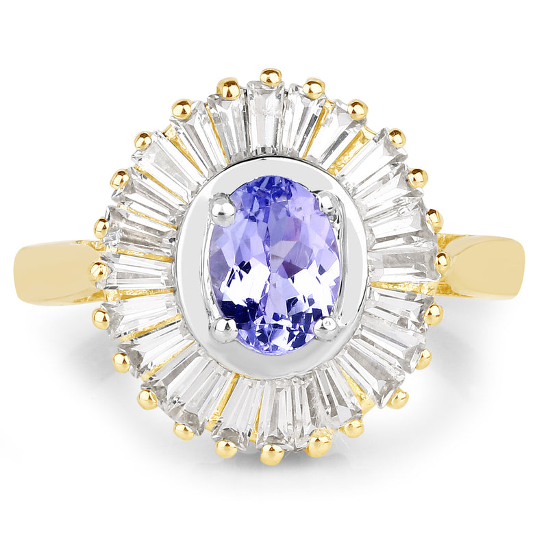 14K Yellow Gold Plated 2.16 Carat Genuine Tanzanite & White Topaz .925 Sterling Silver Ring