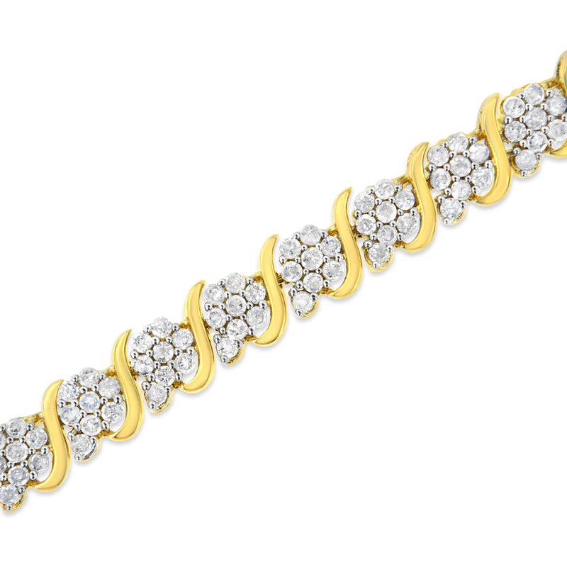 14K Yellow Gold Plated .925 Sterling Silver 3.00 Cttw Diamond Alternating Flower Cluster and "S" Link Tennis Bracelet (L-M Color, I2-I3 Clarity) - 7.25"