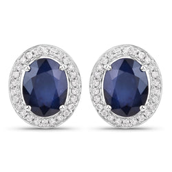 4.14 Carat Genuine Blue Sapphire and White Diamond 14K White Gold Earrings