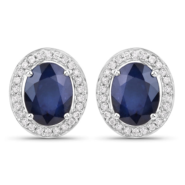 4.14 Carat Genuine Blue Sapphire and White Diamond 14K White Gold Earrings