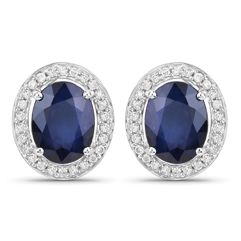 4.14 Carat Genuine Blue Sapphire and White Diamond 14K White Gold Earrings