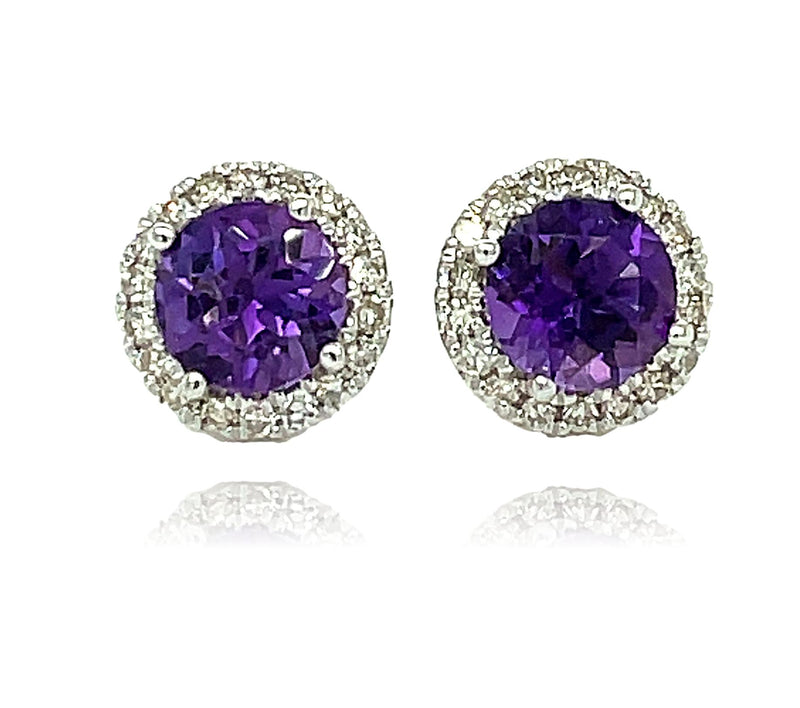 14KW AMETHYST AND DIAMOND ROUND EARRING