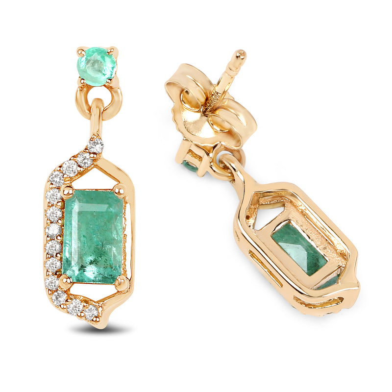 0.70 Carat Genuine Zambian Emerald and White Diamond 14K Yellow Gold Earrings