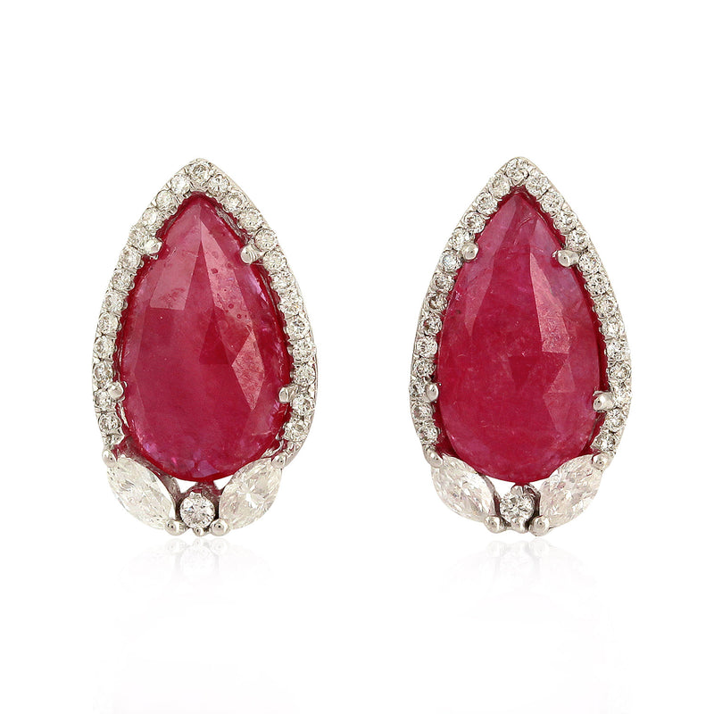 Pear Cut Ruby & Diamond Stud Earrings 18k White Gold Fine Jewelry