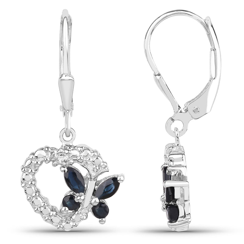 0.55 Carat Genuine Blue Sapphire & White Diamond .925 Sterling Silver Earrings