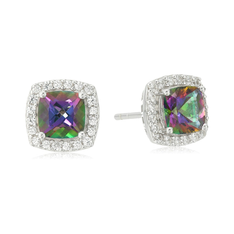 925 Sterling Silver Women Cushion Halo Stud Earring Mystic Topaz