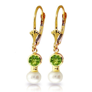 5.2 Carat 14K Solid Yellow Gold Leverback Earrings Pearl Peridot