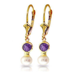 5.2 Carat 14K Solid Yellow Gold Leverback Earrings Pearl Amethyst